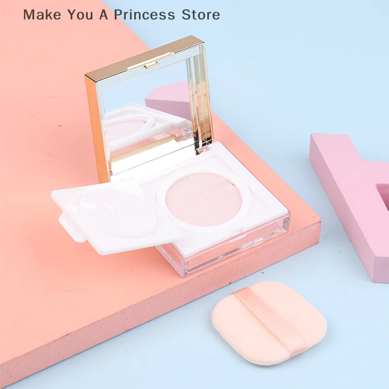8g Square Gold Border Loose Powder Box Empty Refillable Portable Makeup Setting Powder Blush Case Container With Puff Mirror