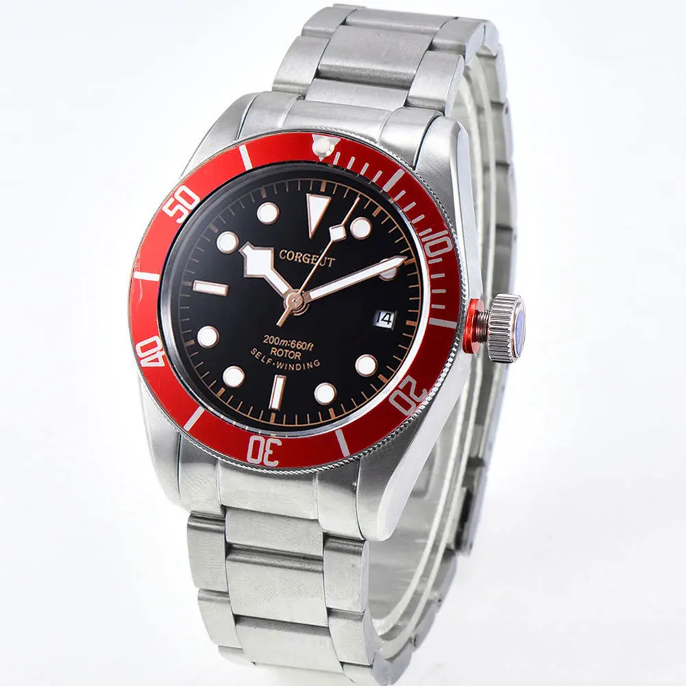 

100m Waterproof 41mm Corgeut Automatic Men's Watch NH35 Movement Black Dial Date Sapphire Crystal Aluminum Bezel