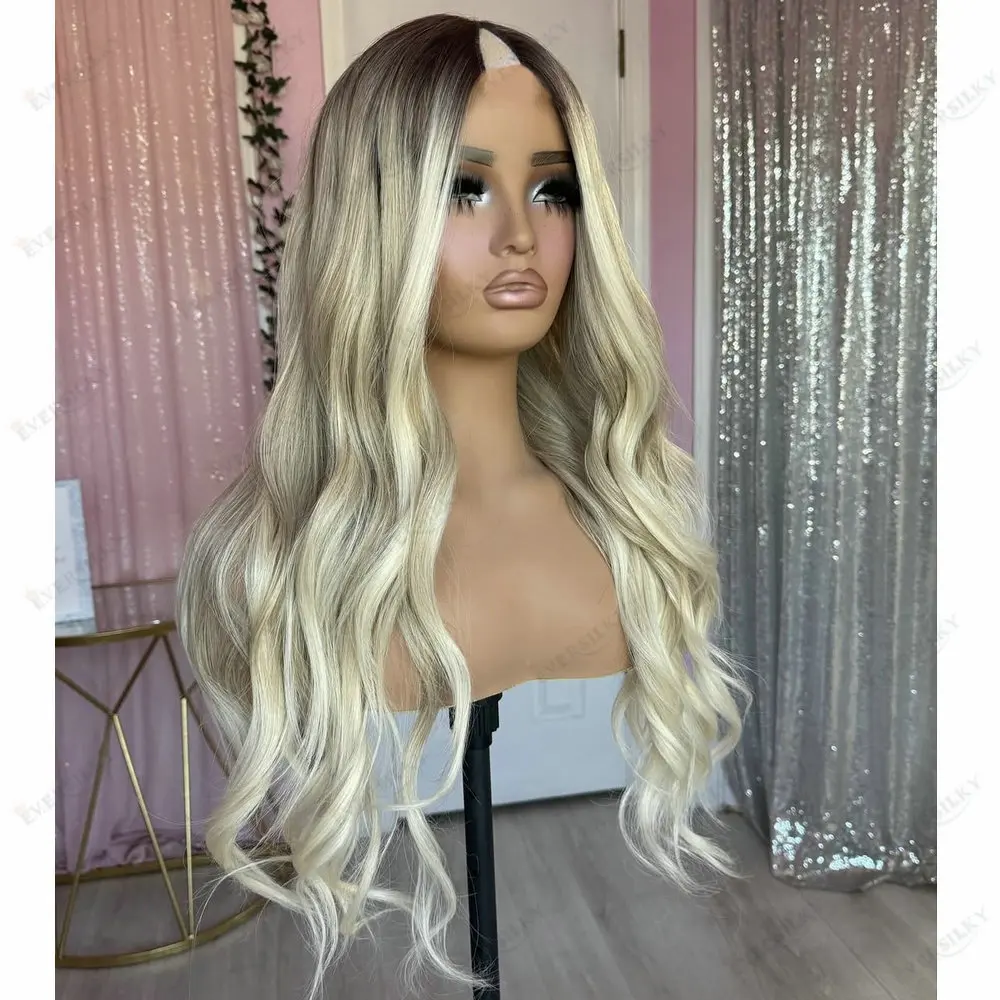 

Loose Wave Ash Light Blonde Ombre V Part Wig Human Hair for Women Easy to Install Glueless Clip-in 1*4 U Part Wig European Hair