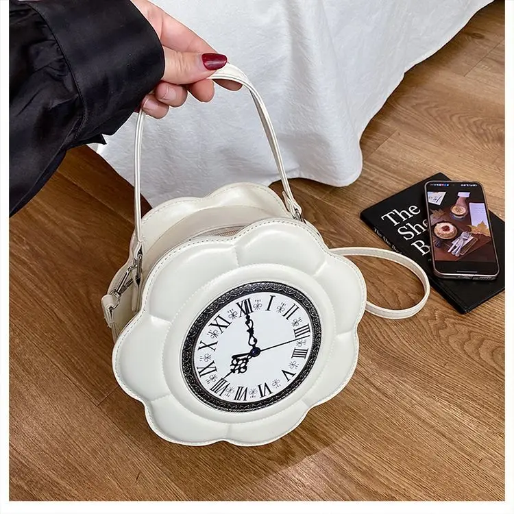 Novelty Clock Flower Shaped Purse for Women Retro Faux Leather Crossbody Bag Unique Vintage Shoulder Handbag