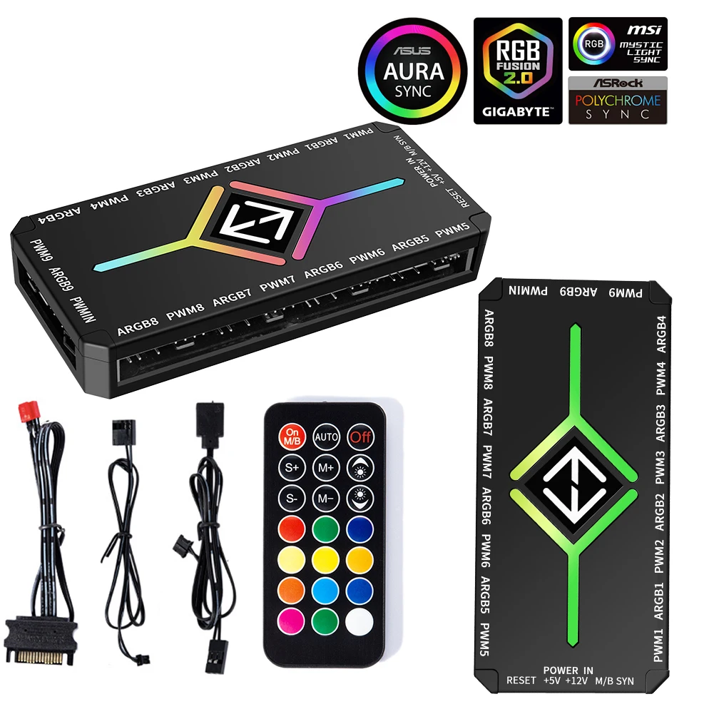 ARGB-PWM-Lüfter-Hub-Adapter, 1 bis 9 Anschlüsse, 3-in-1, 4-poliger PWM-Magnetsaug-Hub-Splitter mit ARGB-Controller für Computer-PC-Gehäuse