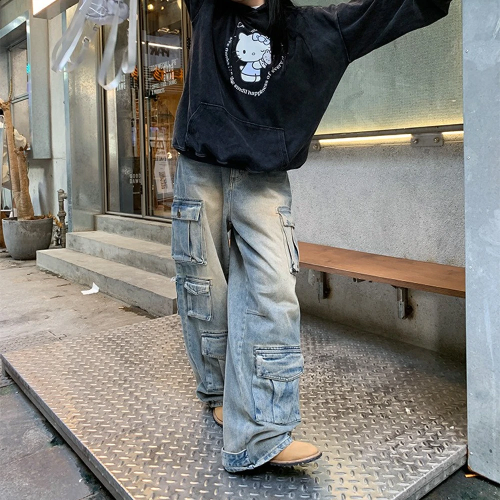 Spodnie Cargo Jeansy Damskie Vintage Długie Do Podłogi Wiele Kieszeni Niska Talia Sprane Postarzane Streetwear Luźne Spodnie Denimowe 2025