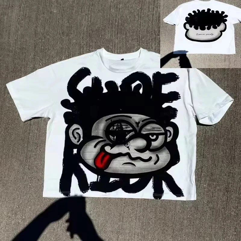 2026 Kids Adults Cartoon Graffiti Face Graphic T-Shirt, Retro Hand Drawn Art Print Casual Short Sleeve Oversized Streetwear Tee