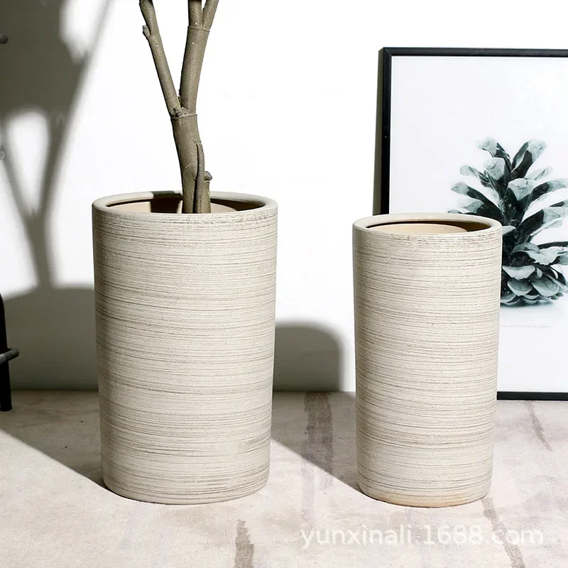 Ceramic flower pot extra large high tube floor cylinder household living room large green plant pot courtyard