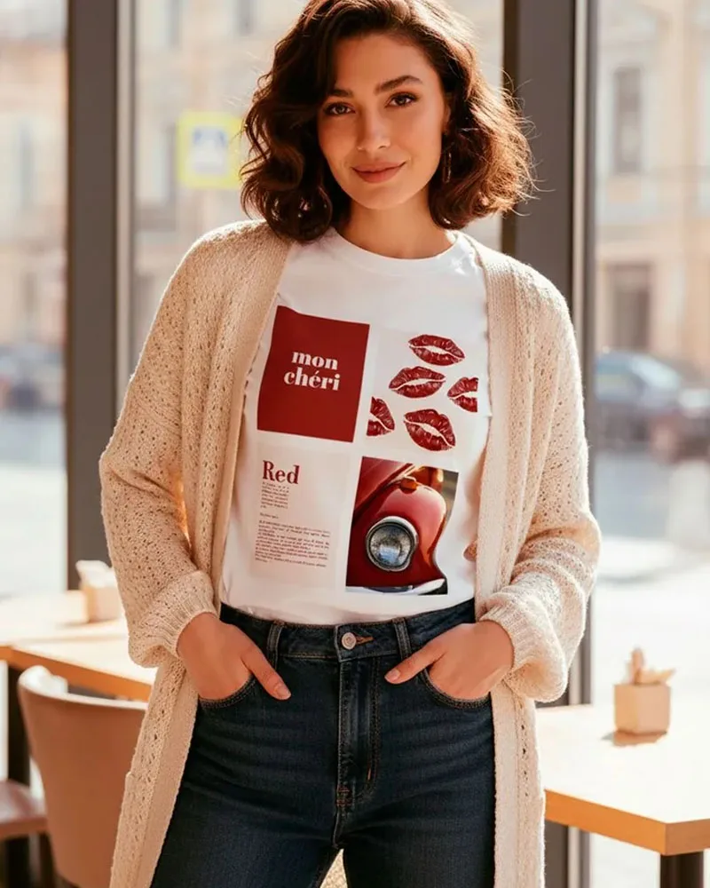 Women Mon Chéri Red Lips & Vintage Car Print T-Shirt French Slogan Graphic Crew Neck Short Sleeve Girls Casual Tees Streetwear view 4
