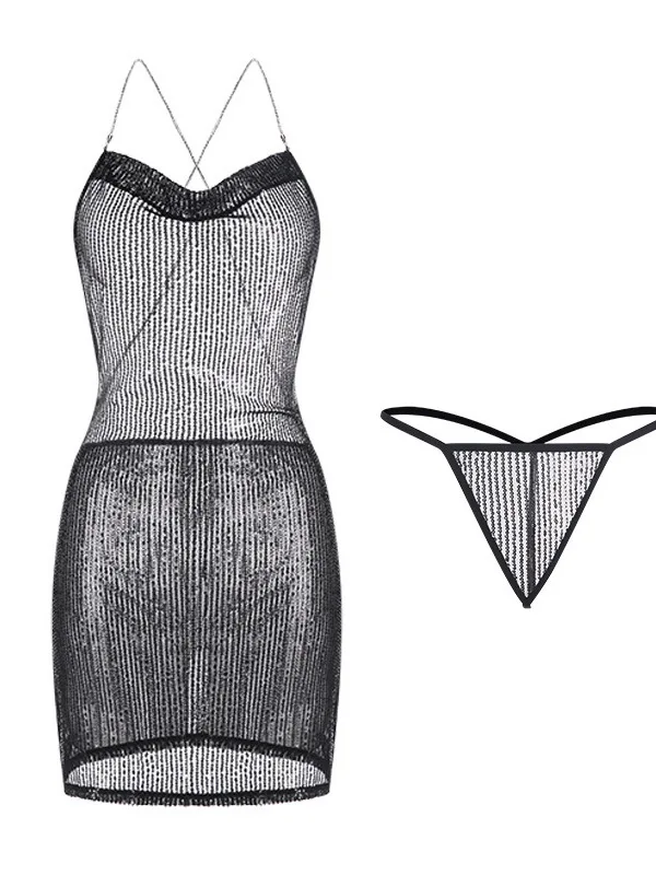 Sexy brilhante quente sedutor boate, Backless malha vestido, fino tanque transparente, mini vestido, elegante colar de pilha, lantejoulas Tops, 9ESL