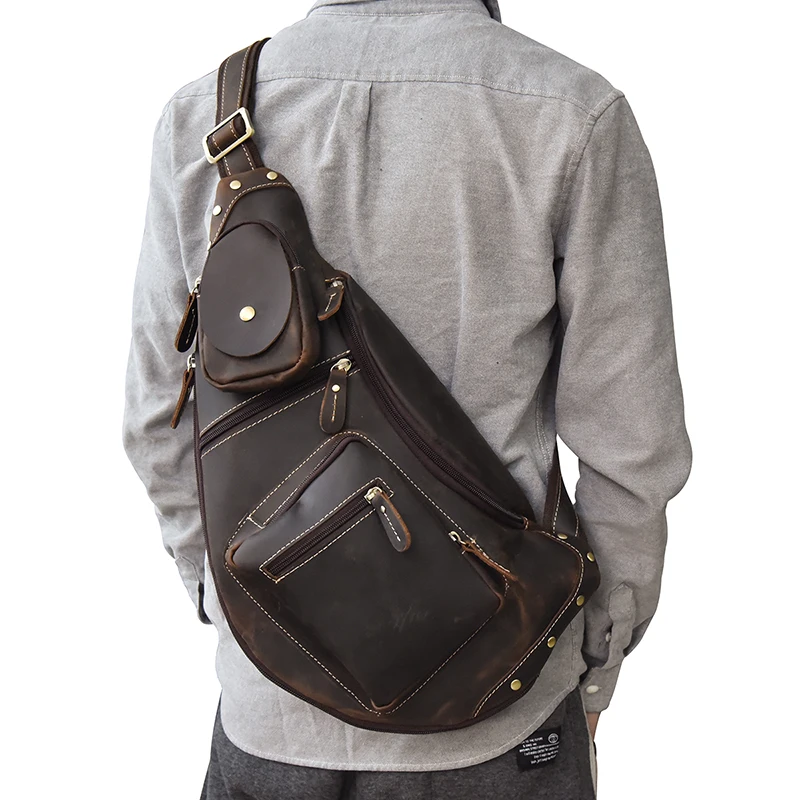 

Retro Crazy Horse Leather Big Chest Bag Genuine Leather Sling Bag Mans Chest Pack Leather Crossbody Bags for Men Sports Riding