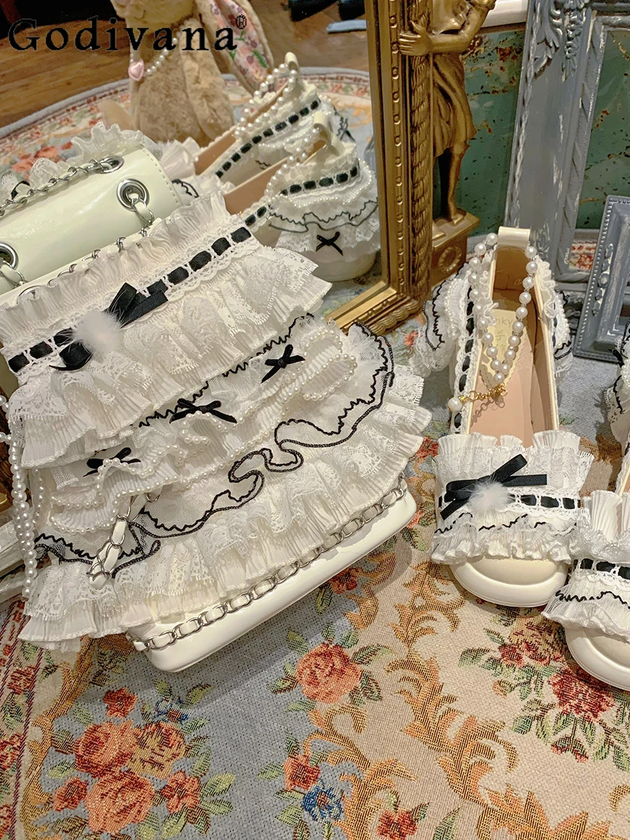 

Japanese Original Lace Trim Pearl Bow Handbag French Sweet Elegant Lady Fashion Versatile Backpack