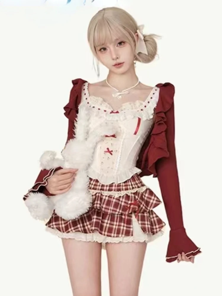 2024 New Red Plaid Skirt 3 Piece Set Outfits Lolita Japanese Style Sweet Suit Shot Cardigan + Slim Lace Vest + Y2k Mini Skirt