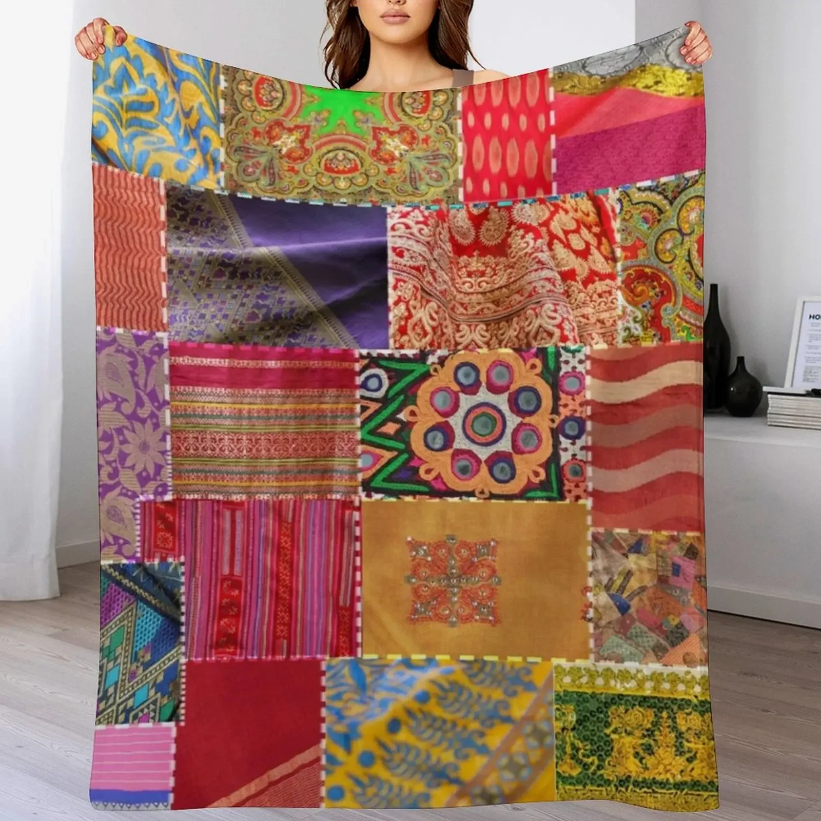 

Boho Art Sari Patchwork Quilt Throw Blanket Furrys Moving Picnic Large Blankets