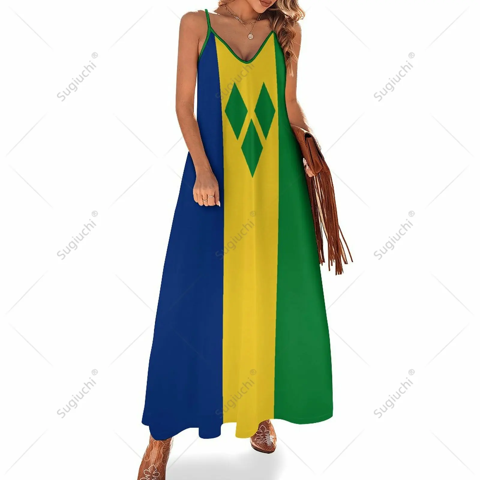 

Long Dresses Dress Saint Vincent And The Grenadines Flag Print New Sleeveless Women's V-Neck Printed Dress Swing Retro Dresses