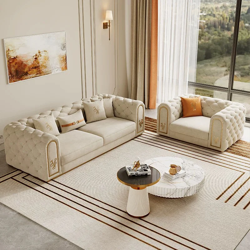 #Modern Luxury French Cream Pull-Button Leather Sectional Sofa Set Small Apartment Living Room Fabric Furniture Light Luxury