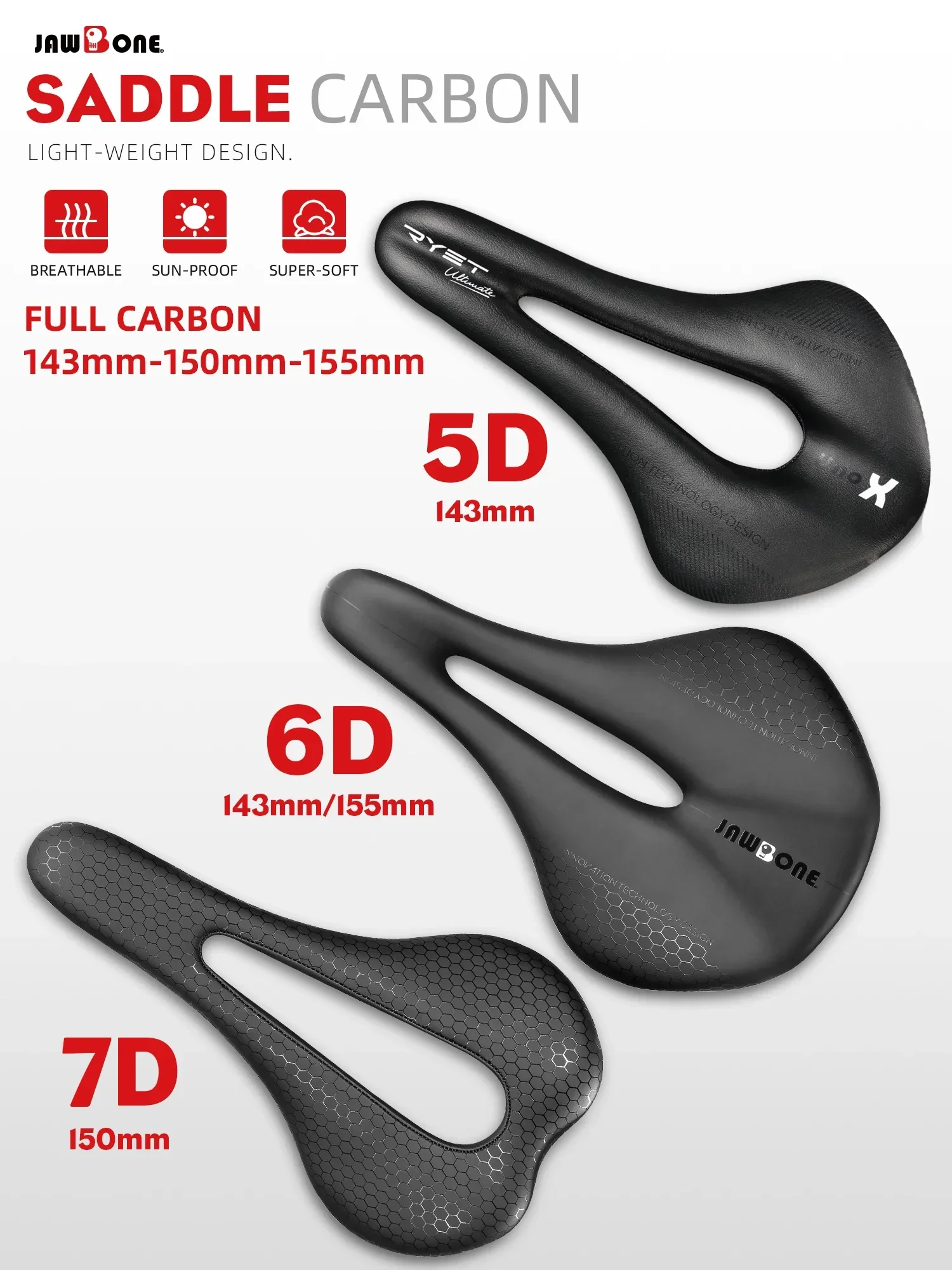 AliExpress Jawbone Ultralight Full Carbon Bike Saddle 5D/6D/7D 143mm/150mm/155mm Leather MTB Bicycle Road Seat Cushion Cycling Bike Parts