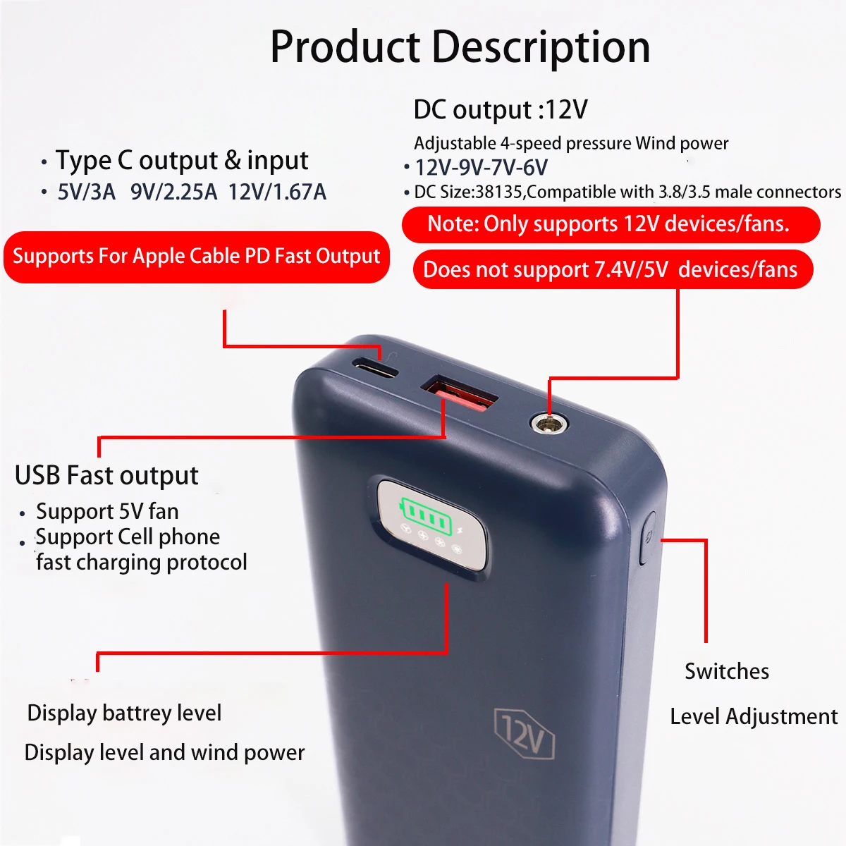 Power Bank 12V 20000mAh digital display Fast Charging Powerbank External Battery Pack For iPhone Xiaomi Fan Vest Air Clothing