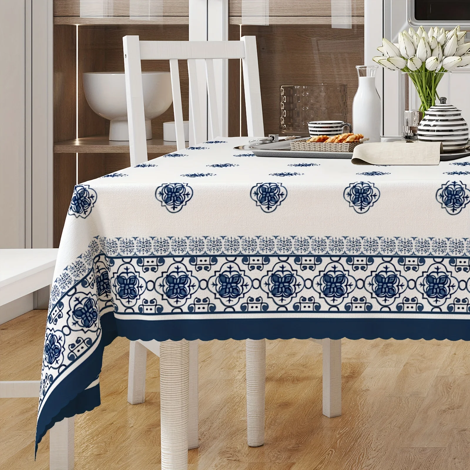 One piece, a blue and white floral printed tablecloth, a summer round rectangular tablecloth, a French country style tablecloth.