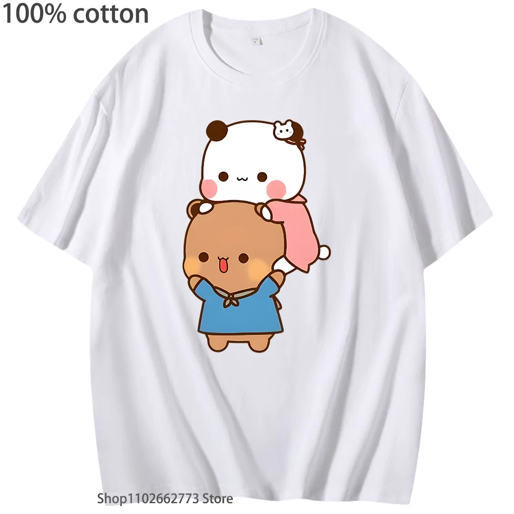 

Футболки Kawaii DuDu and BuBu Enjoying Their Time, милая рубашка с рисунком медведя панды, женская одежда в корейском стиле, мужские футболки из 100% хлопка