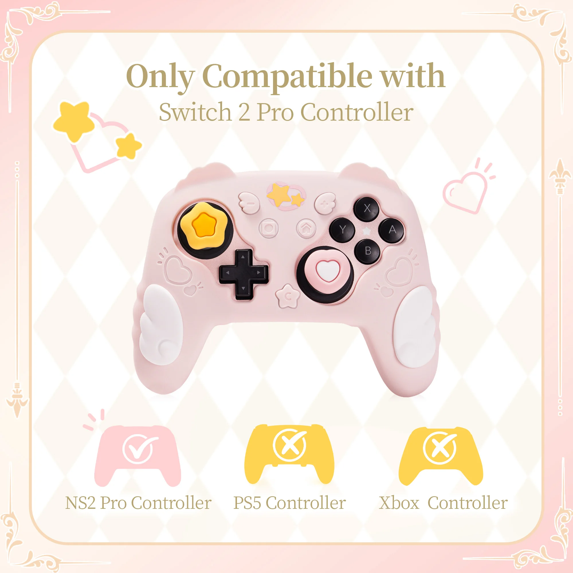 GeekShare Star Wings Silicone Case Compatible with NS2 Pro Controller, Cute Protective Cover with Thumb Grip Caps and Sticker