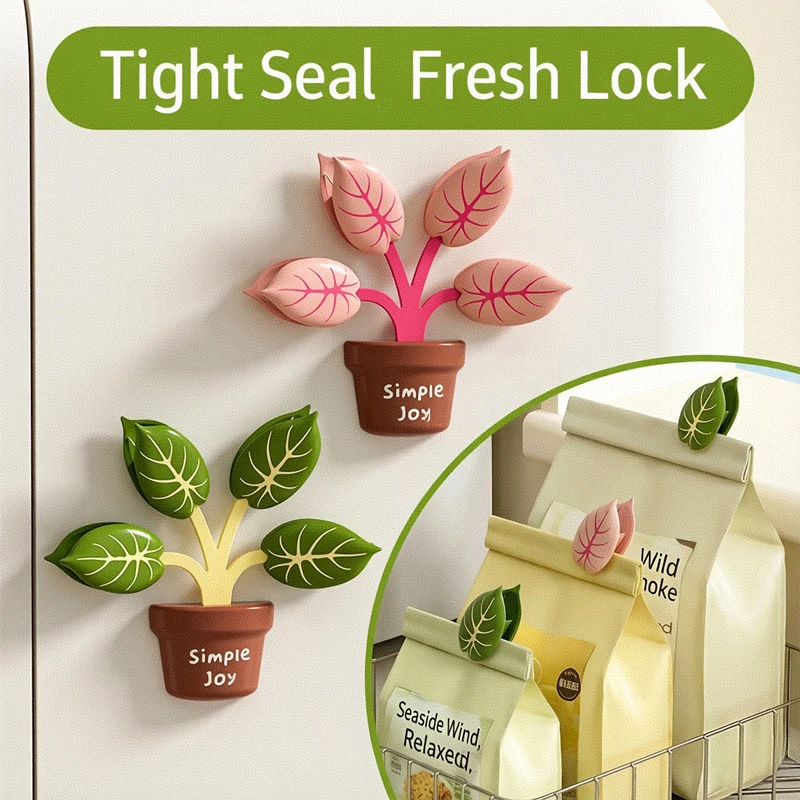 Potted Plant Fridge Magnet Bag Clips 4 Pcs Leaf Shape Food Sealer Snack Chip Clips Cute Planter Kitchen Refrigerator Detachable