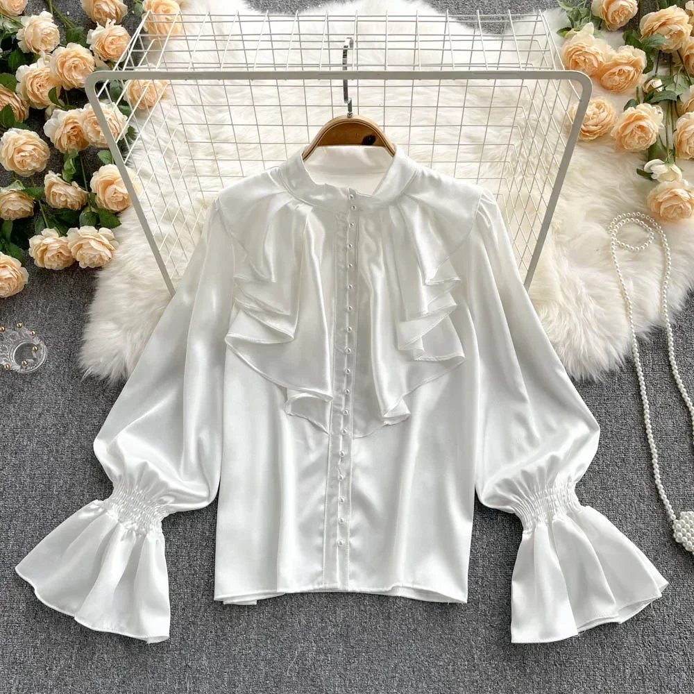 Elegant Vintage Ruffle Blouse Vintage Puff Long Sleeve Korean Fashion Sweet Top Women Chic Goth Spring Autumn Shirt