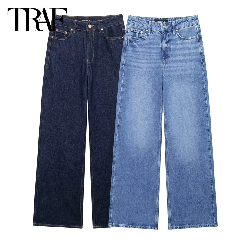 TRAF Women 2024 Jeans Spodnie damskie Spodnie z wysokim stanem Kobieta Jesień Nowe produkty Szerokie nogawki Spodnie jeansowe z wysokim stanem