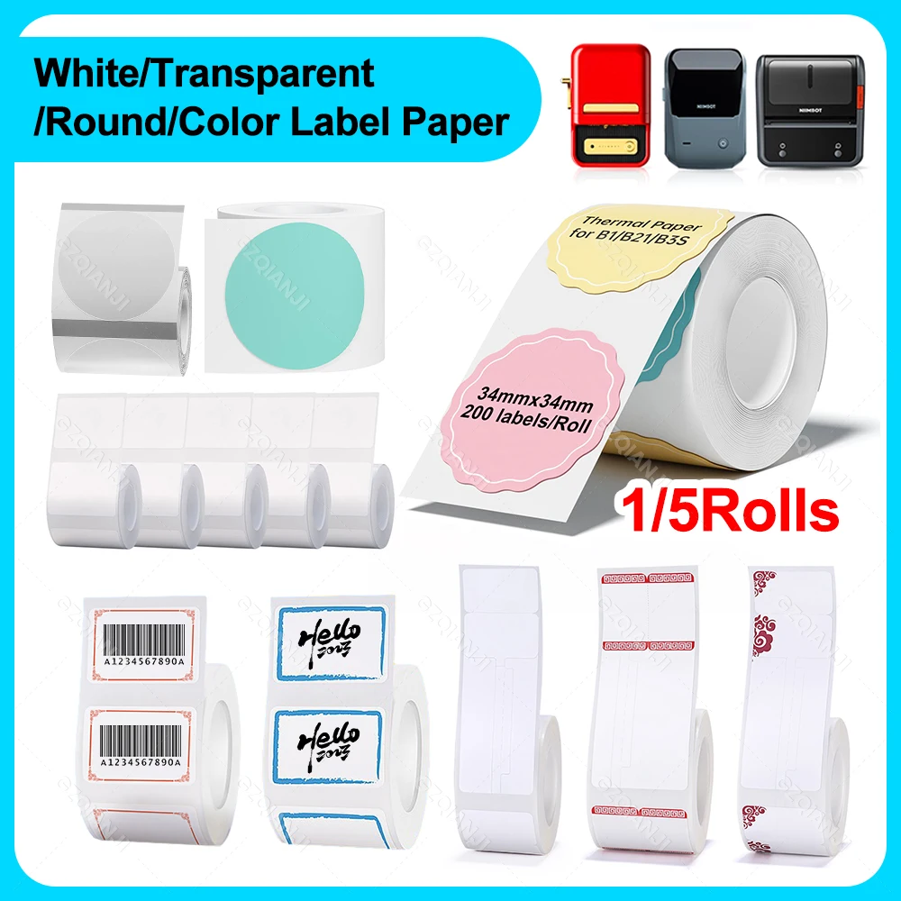 Niimbot B21 B1 Adhesive Wgite Color Sticker Transparents Thermal Label Paper 1-5 Roll for Label Printer Jewellery Price Tag B3S