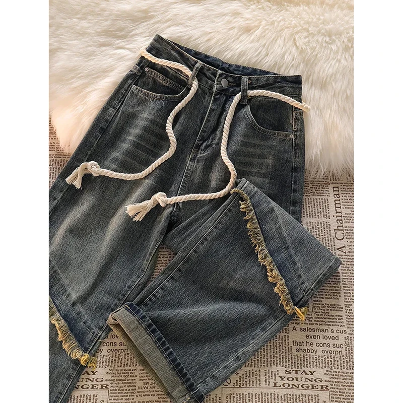 

GIDYQ Vintage Spliced Jeans Women Fashion Raw Edge High Waist Wide Leg Denim Pants Korean Loose Straight Trousers Spring New