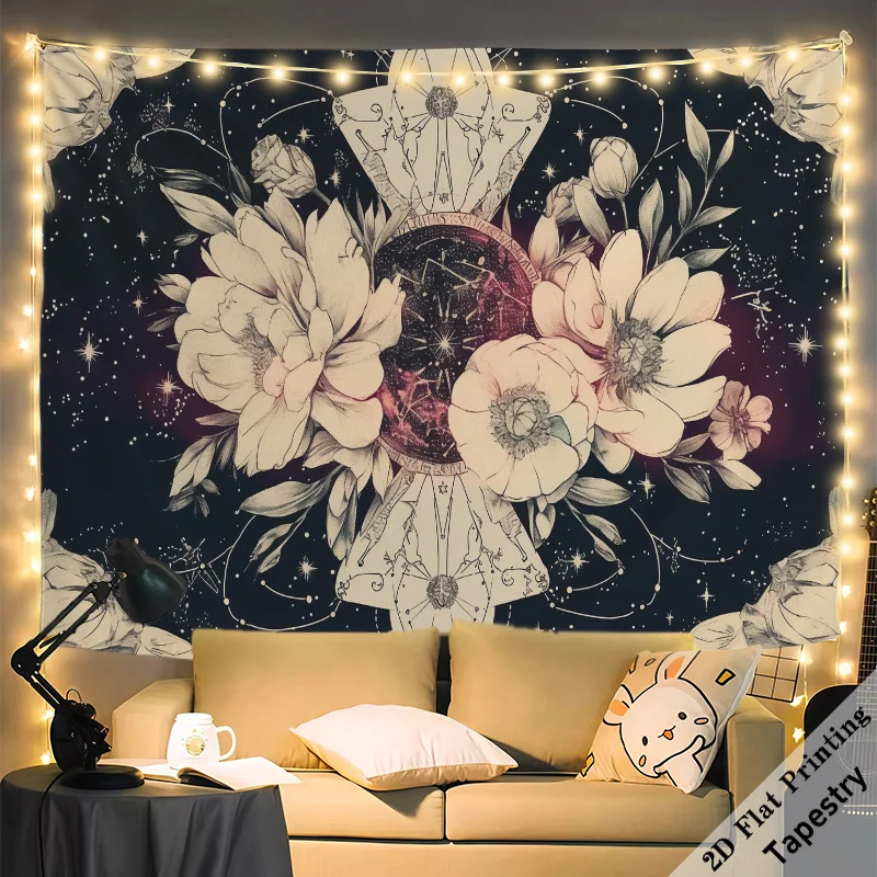 Large Boho Celestial Floral Tapestry Wall Hanging Stars Mandala Galaxy Cosmic Decor for Bedroom Home Art