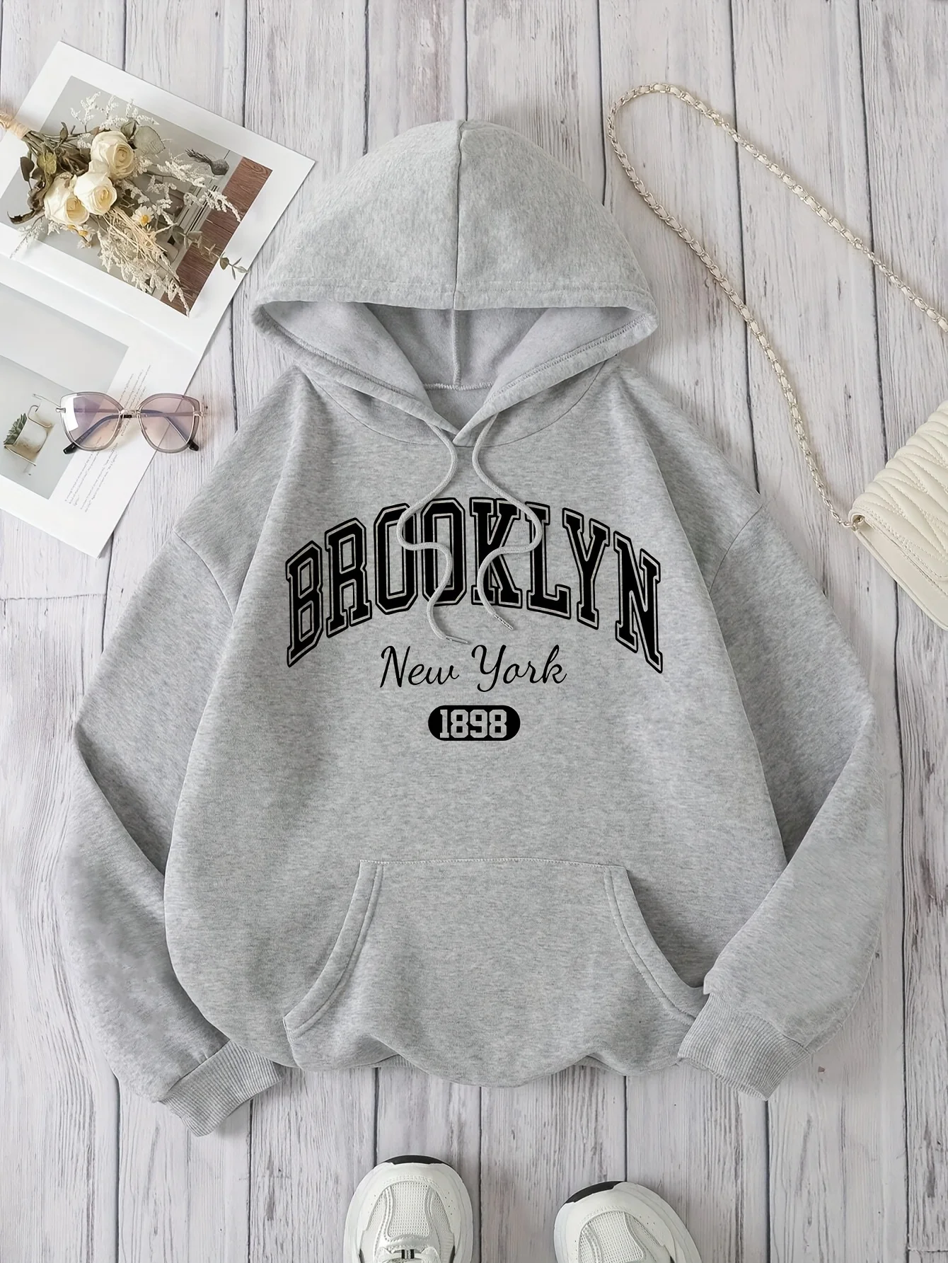 Brooklyn New York 1898 Hoodie Sweatshirt - Casual Polyester Hooded Pullover with Drawstring Alphabet Pattern