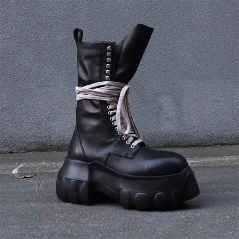 

Genuine Leather Men Chunky Heel Boot Fashionable Man Round Toe High Top Boot