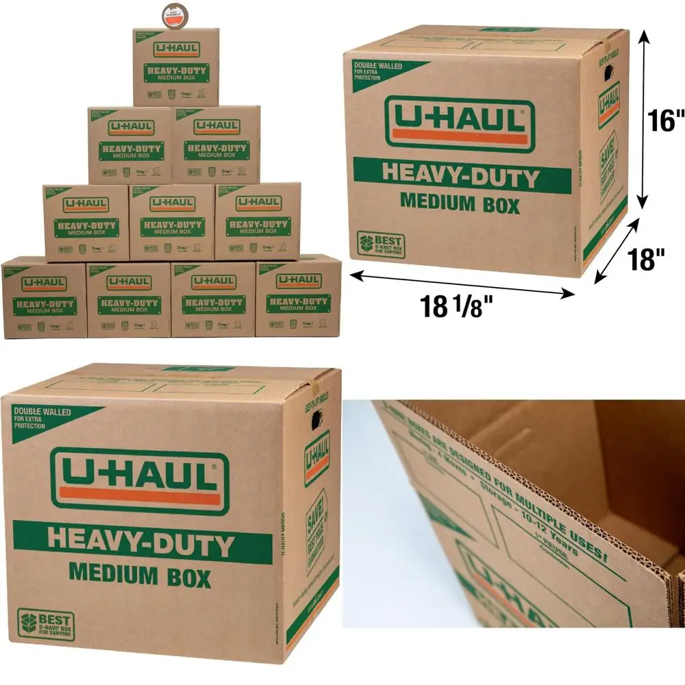 

10-Pack Medium Heavy-Duty Double Wall Boxes with Handles - 18.125 x 18 x 16 Inches - Includes Bonus Tape