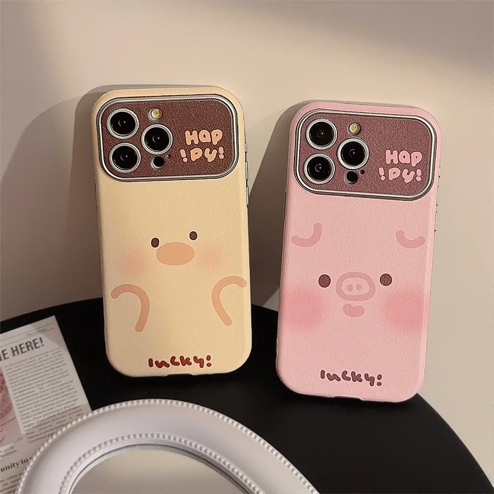 Koreanische Cartoon-Ente-Schwein-Leder-Textur-Handyhülle für iPhone 17, 16, 15, 14, 13, 12, 11, Pro Max, großes Fenster, stoßfeste Softcover