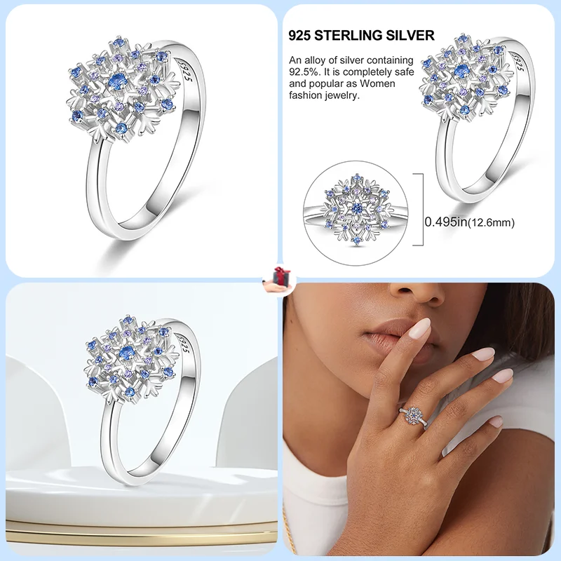 925 Sterling Silver Blue Snowflake Star Eye Sparkle Zircon Women's Ring Exquisite Engagement Wedding Party Memorial Jewelry Gift