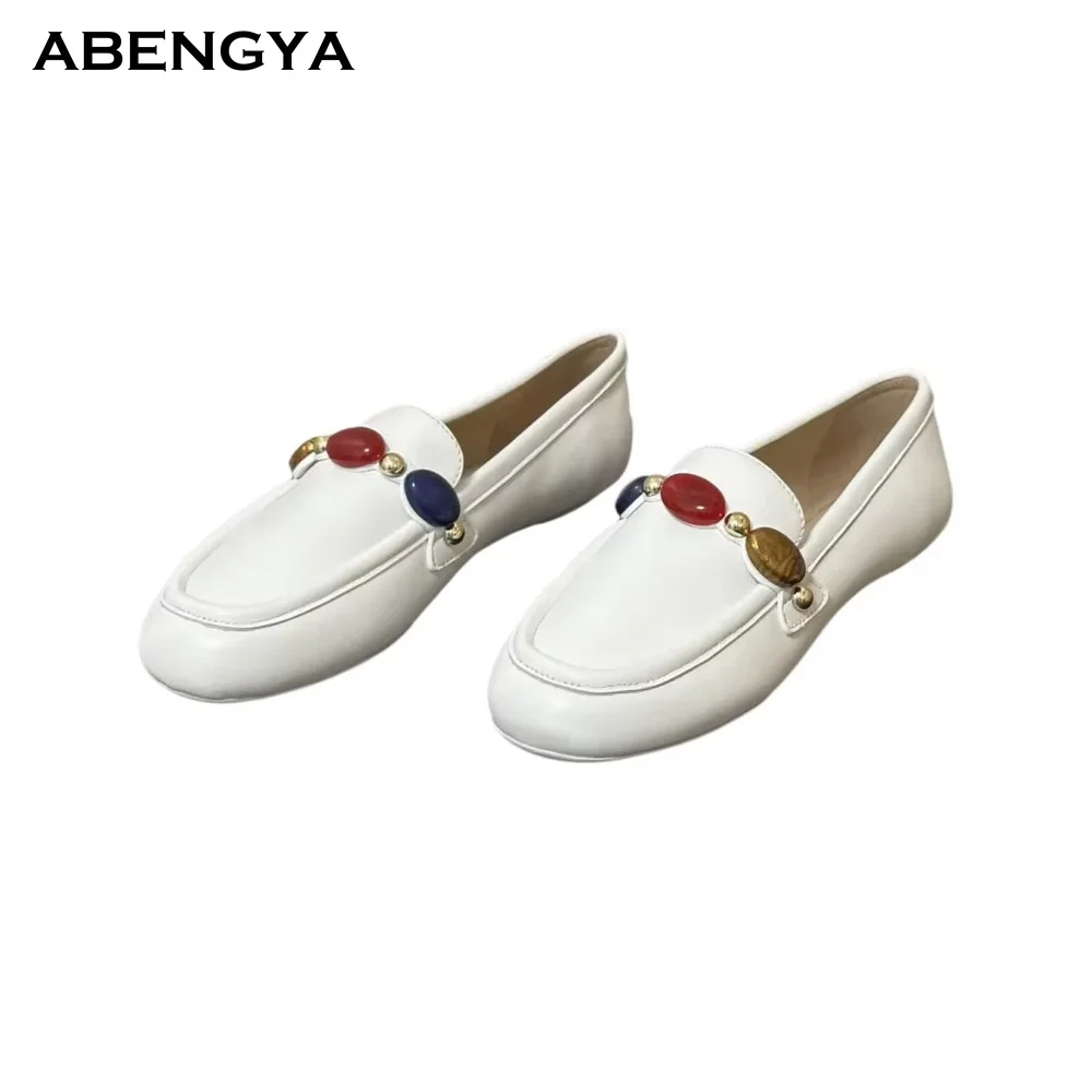 Autumn New Leather Flat Loafers Shoes Women Round Toe String Bead Holiday Flat Shoes Casual Party Vacation Walking Shoes Women