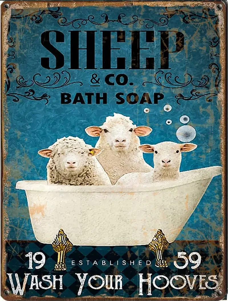 Sheep & Bath Soap Wash Your Hooves tin Sign, Funny Sheep tin Sign Bathroom Decor Farm Animal tin Sign Wall Art Decoration