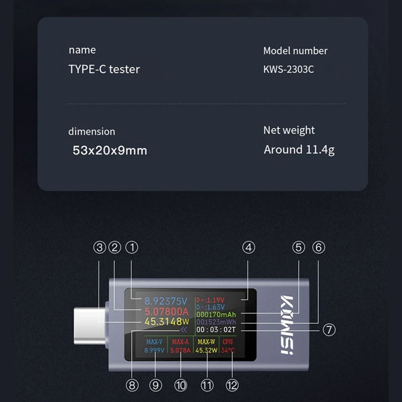 2025 New KOWSI Power Meter Type-C Tester Multifunction Digital Display DC Voltage Ammeter Power Meter Detector For Electrician T