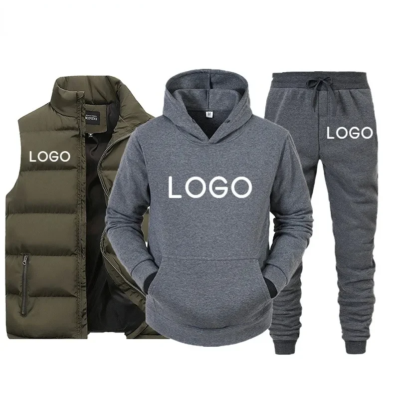 Custom LOGO Men Tracksuit Brand Vest + Hooded Sweatshirt + Pants 3 Piece Set Spring Autumn Fashion Streetwear Male Sportswear