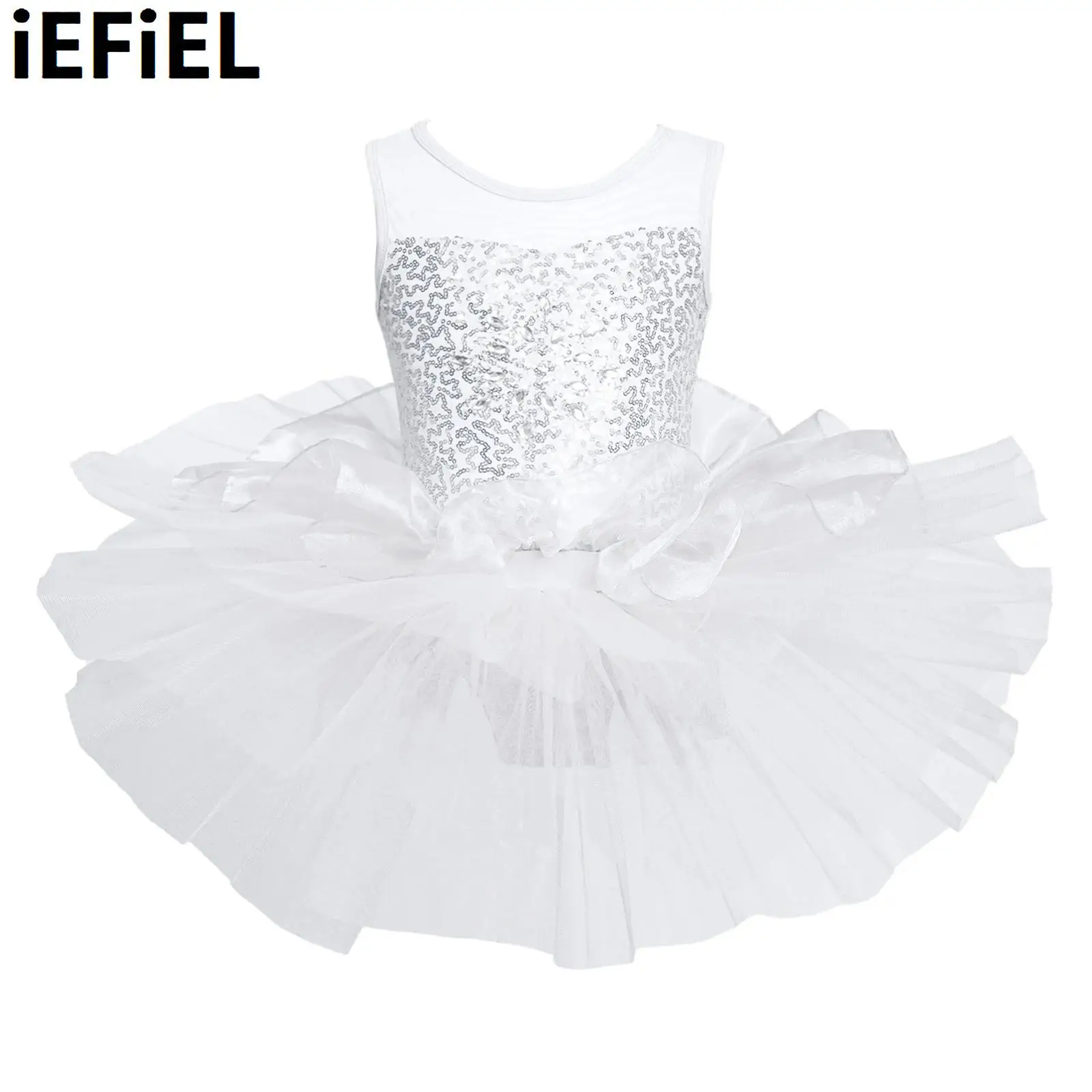 

Girls Sequins Ballet Dance Dress Gymnastics Sleeveless Leotard Ball Gown Layered Dress for Ballet