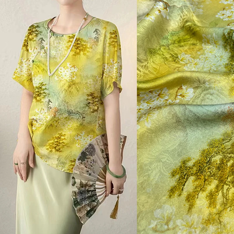 

Chinese Style White Floran Mountain Silk Fabric 114CM Wide 22MM Yellow Cheongsam Dress Pants Summer Jacquard Silk Fabric D1669