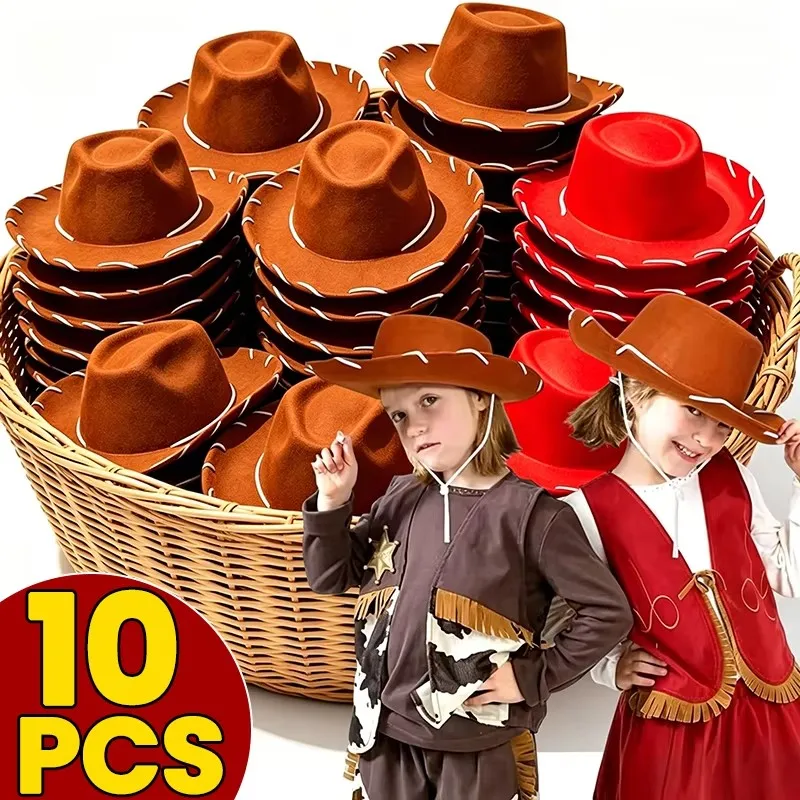 10pcs Brown Red Felt Woody Cowboy Hat for Children Adjustable Western Big Brimmed Cowboy Cap Outdoor Sports Climbing Wilderness