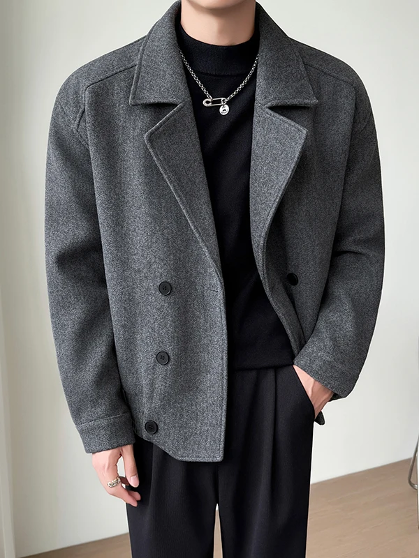 

Deep ey Double-Breasted ort Woolen Coat Men's Autumn Winter Thiened Cotton Lined Jaet American Sle Stand Fit