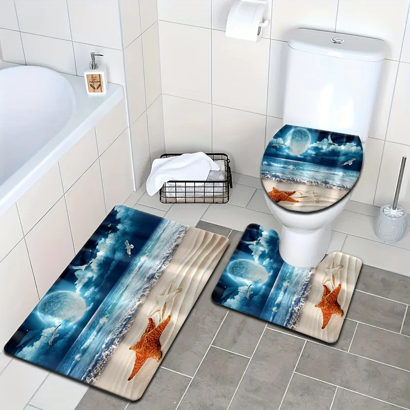 

Комплект из 3 ковриков для ванной комнаты на океанской тематике, коврик для унитаза + коврик для ванной комнаты, нескользящий и износостойкий, украшение в морском стиле