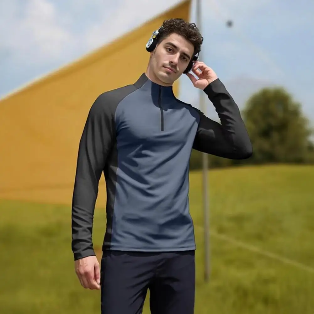 2Pcs/Set Men Tracksuit Set Stand Collar Long Sleeve Tops Elastic Waist Long Pants Set Patchwork Color Quick Drying Outfit