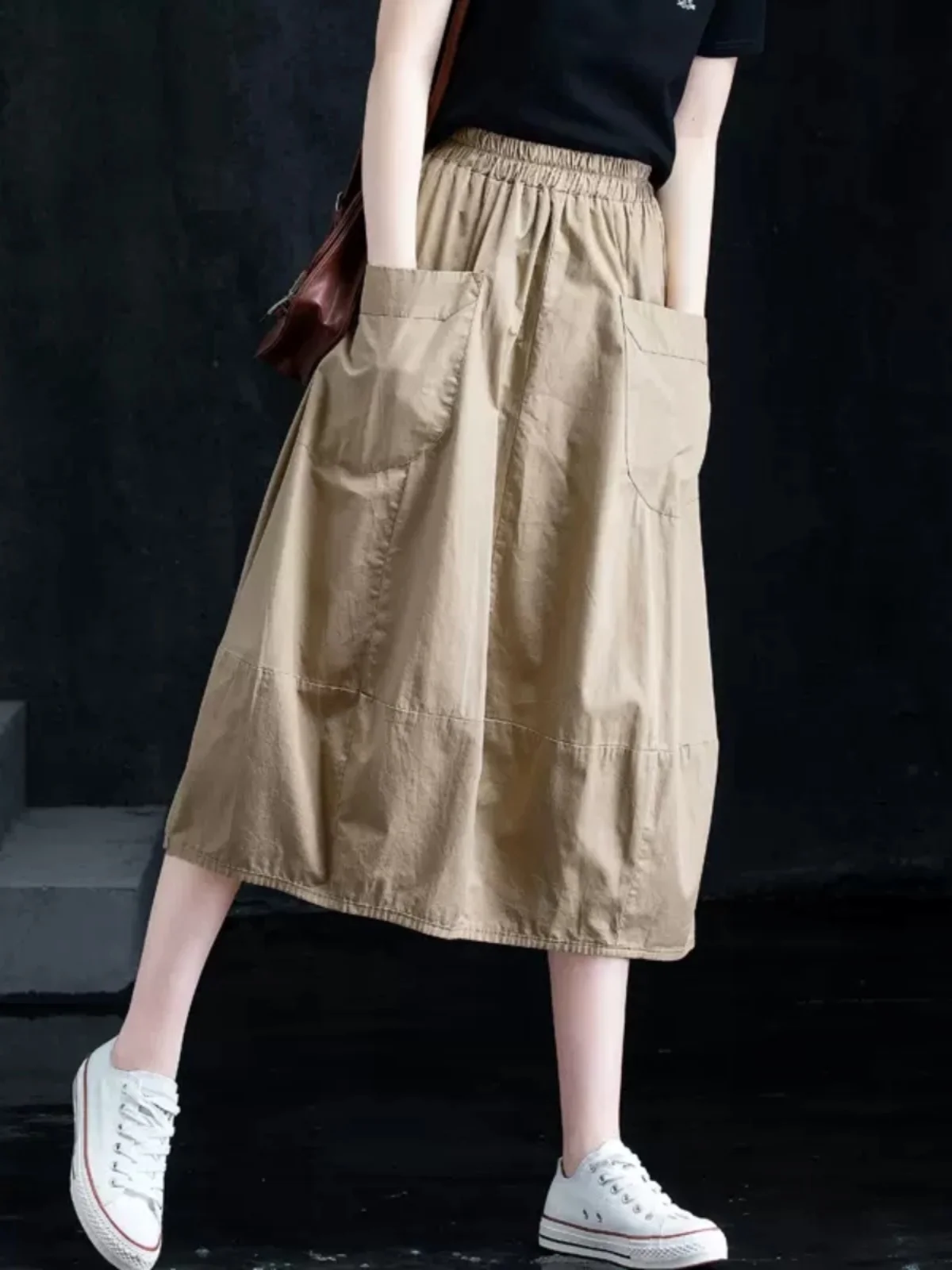 

Casual Bla Cotton Lantern Skirt Women's mid Waist A-Line Midi Skirt Summer New Sle Slimming Workwear Versatile Lantern Skirt