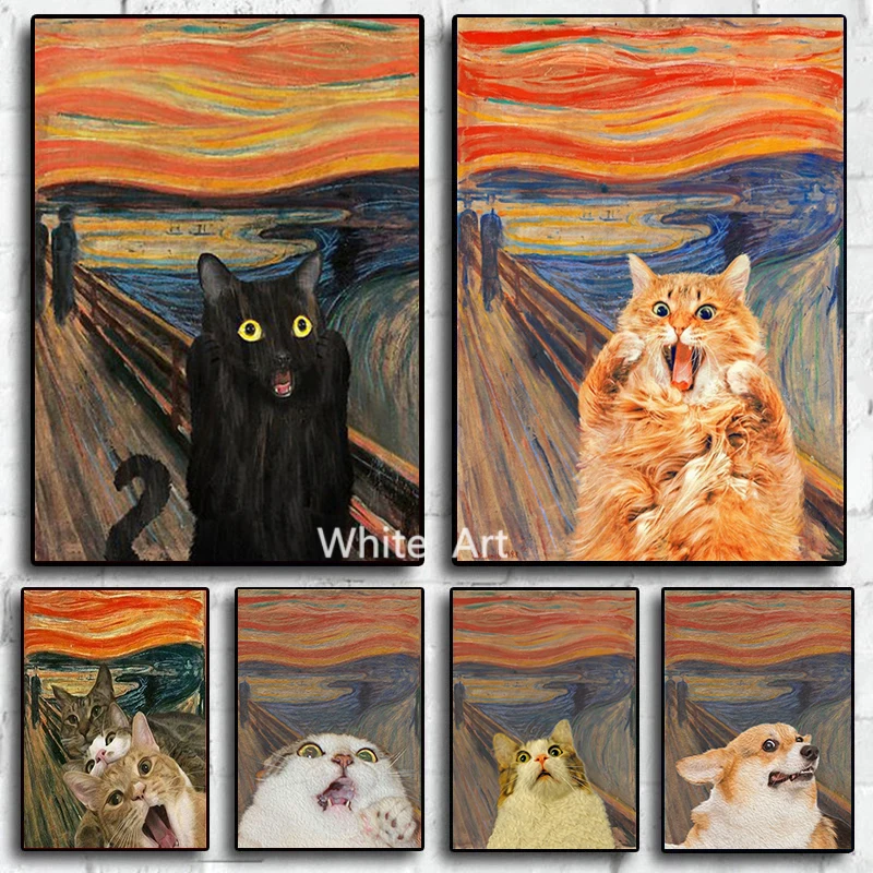 Munch The Scream Poster Funny Cat Animal Canvas Painting HD Printing Modern Wall Art Picture Living Room Bedroom Decoration Gift