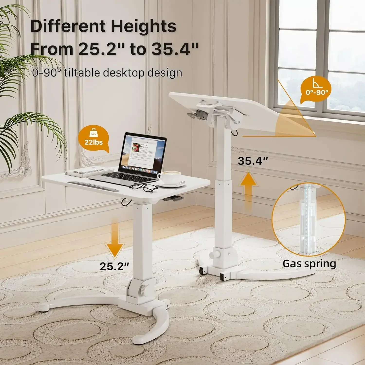 Foldable mobile standing table 90° Reclinable Small standing table with adjustable height laptop table with non-slip mat