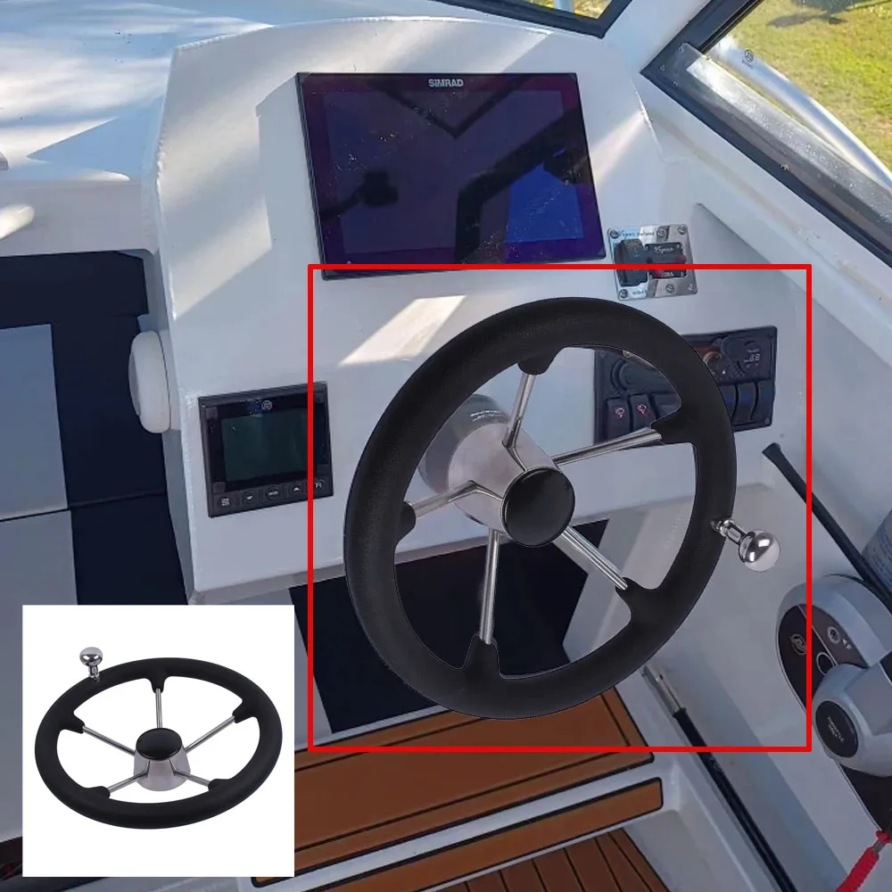 

11Inch Steering Wheel with Knob Stainless Steel Boat Steering Wheel Polyurethane 5 Spoke Boat Marine for Destroyer