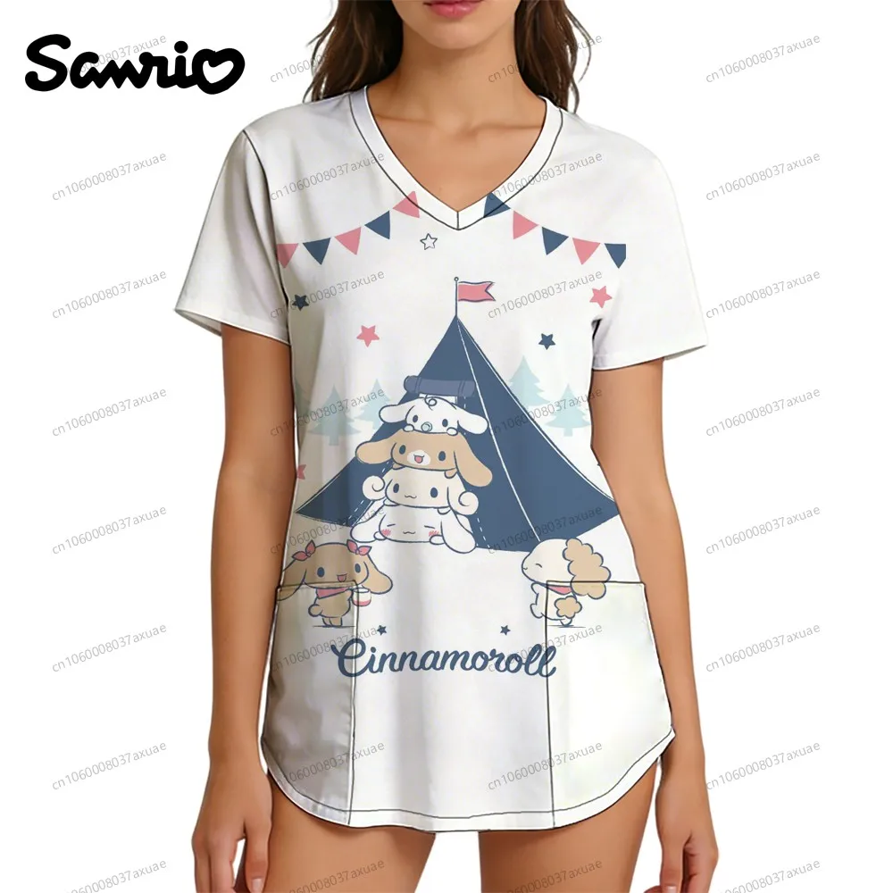 

Women's T-shirt Sanrio Anime Cinnamoroll Summer Women's Clothing Nurse Uniform V Neck T Shirt Scene Clothes Woman T-shirts Y2k