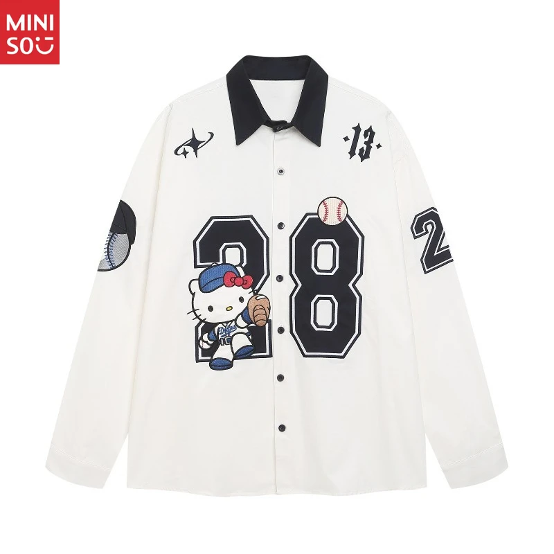 

Miniso 2023 Новая осенняя американская рубашка в стиле ретро с цветными блоками и длинными рукавами с героями мультфильмов, унисекс, универсальная свободная повседневная верхняя одежда