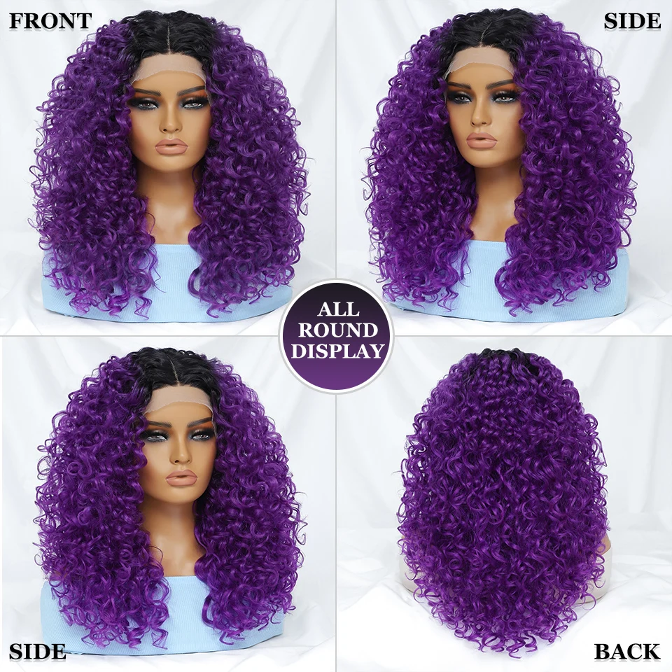 20 Inch Kinky Curly Synthetic Lace Wigs For Black Women Ombre Black Brown Purple Red T Part Lace Front Wig For Afro Cosplay Wigs