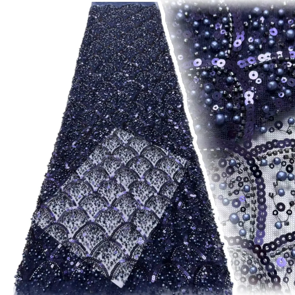 Brown African Handmade Beads Lace Fabric High Quality Nigerian Sequins French Tulle Fabric Material For Wedding Dress TP1651